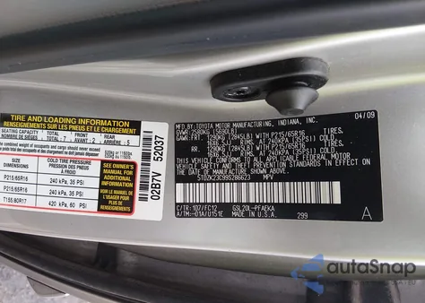2009 Toyota Sienna Le from USA, damaged, VIN 5TDZK23C99S286623